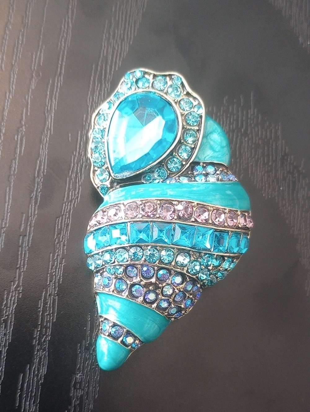 Turquoise Green Blue Rhinestone Conch Shell Brooch Pin